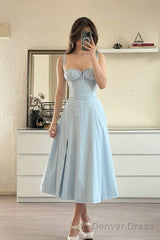 Cute A Line Straps Blue Tea Length Prom Dresses Summer Birthday Dress