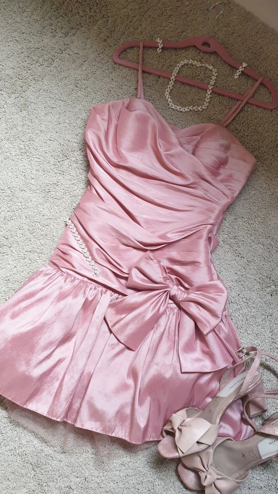 Cute A Line Straps Pink Satin Homecoming Dress Short Birthday Dresses With Bow