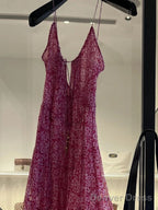 Cute A Line Straps Ruffled Hot Pink Floor Length Floral Beach Dress WomenS Vacation Dresses