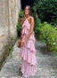 Cute A Line Straps Tiered Chiffon Long Prom Dress, Pink Bridesmaid Dresses