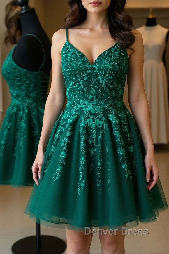 Cute A Line V Neck Backless Green Lace Prom Dress, Short Backless Green Lace Prom Graduation Homecoming Dresses Main image