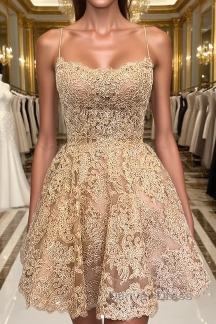 Cute Backless Short Golden Lace Prom Dresses, Golden Lace Homecoming Dresses, Short Golden Formal Evening Dresses Main image