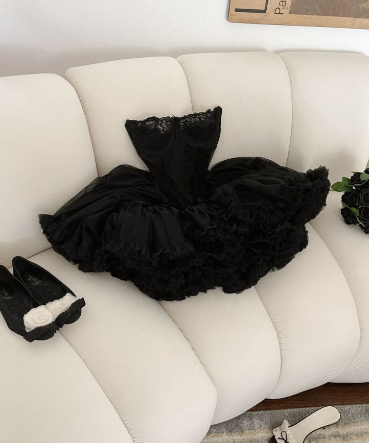 Cute Ball Gowns Strapless Black Ruffles Lace Homecoming Dresses Short Birthday Outfits