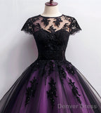 Cute Black And Purple Tulle Short Sleeves Party Dress, Tulle Short Homecoming Dress