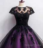 Cute Black And Purple Tulle Short Sleeves Prom Dress, Tulle Short Homecoming Dresses