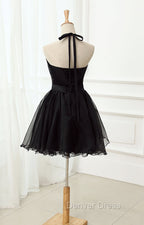 Cute Black Tulle Halter Short Homecoming Dresses, Black Prom Dresses