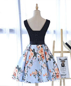 Cute Blue Floral And Black Satin Homecoming Dresses In Stock, Lovely Party Dresses For Teens