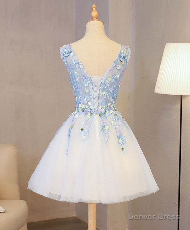Cute Blue Lace Applique Short Prom Dress, Homecoming Dresses Main image