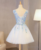 Cute Blue Lace Applique Short Prom Dress, Homecoming Dresses
