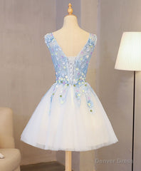 Cute Blue Lace Applique Short Prom Dress, Homecoming Dress