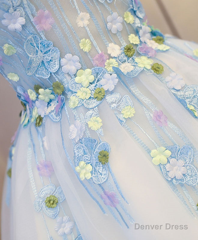Cute Blue Lace Applique Short Prom Dress, Homecoming Dresses