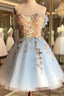 Cute Blue Lace Applique Top Off Shoulder Prom Dress, Blue Homecoming Dresses