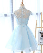 Cute Blue Lace Tulle Short Prom Dress. Cute Homecoming Dresses