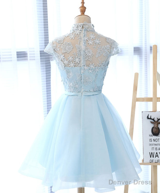 Cute Blue Lace Tulle Short Prom Dress. Cute Homecoming Dress