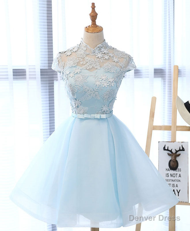 Cute Blue Lace Tulle Short Prom Dress. Cute Homecoming Dress Main image