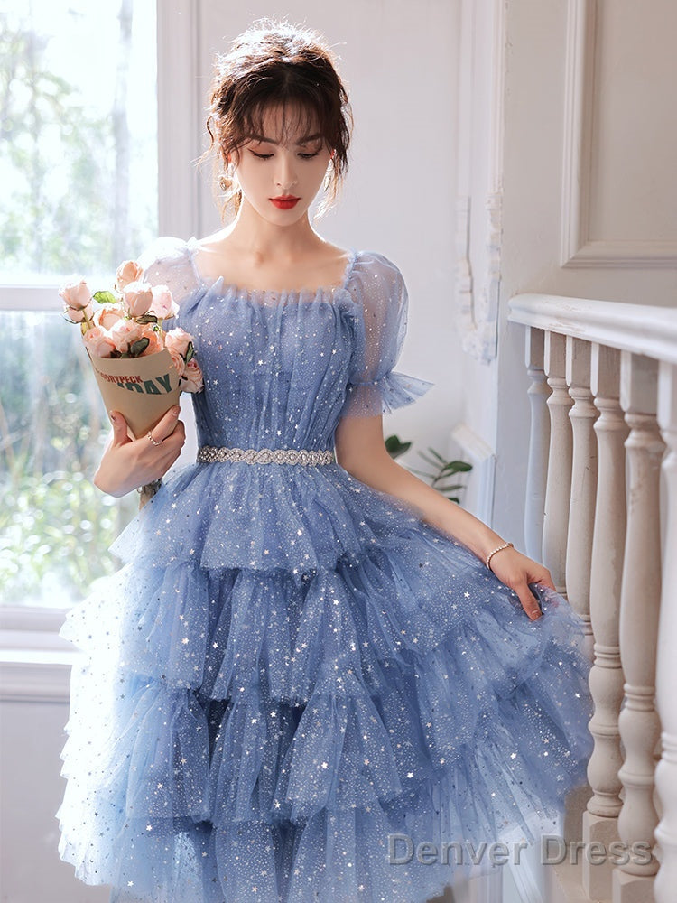 Cute Blue Layers Shiny Tulle Short Sleeves Prom Dress, Blue Homecoming Dresses Secondary image