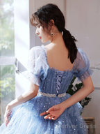Cute Blue Layers Shiny Tulle Short Sleeves Prom Dress, Blue Homecoming Dresses