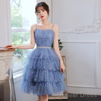 Cute Blue Layers Shiny Tulle Short Sleeves Prom Dress, Blue Homecoming Dresses
