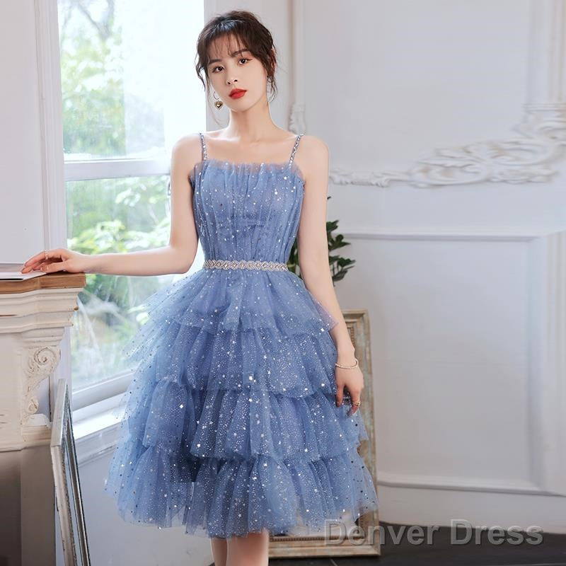 Cute Blue Layers Shiny Tulle Short Sleeves Prom Dress, Blue Homecoming Dresses