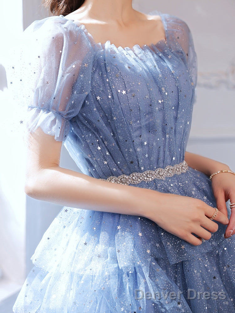 Cute Blue Layers Shiny Tulle Short Sleeves Prom Dress, Blue Homecoming Dresses
