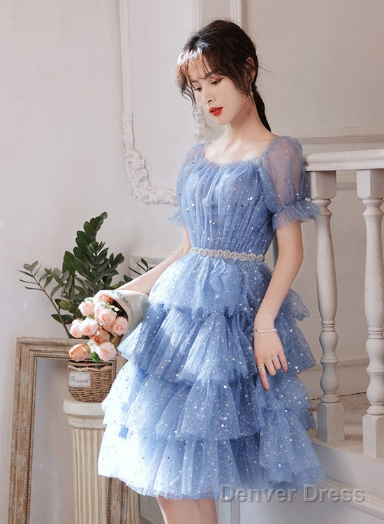 Cute Blue Layers Shiny Tulle Short Sleeves Prom Dress, Blue Homecoming Dresses