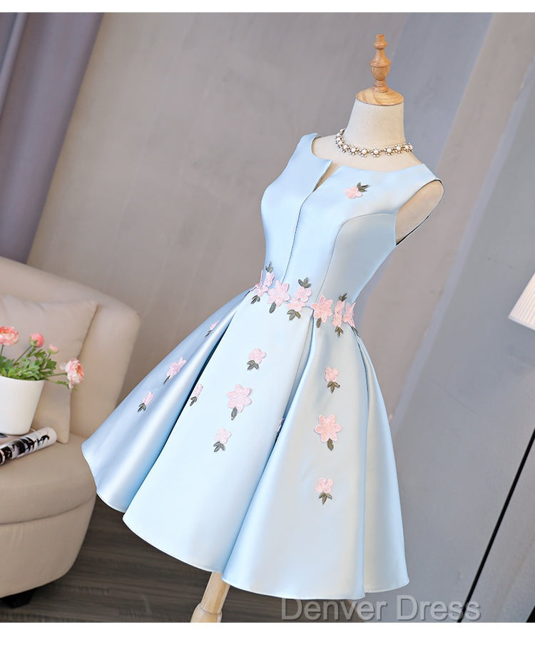 Cute Blue Satin Short Homecoming Dress Prom Dress, Blue Prom Dresses With Flowers