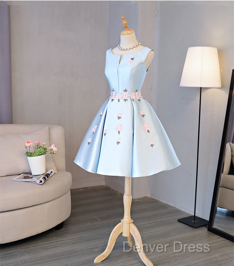 Cute Blue Satin Short Homecoming Dress Prom Dress, Blue Prom Dresses With Flowers