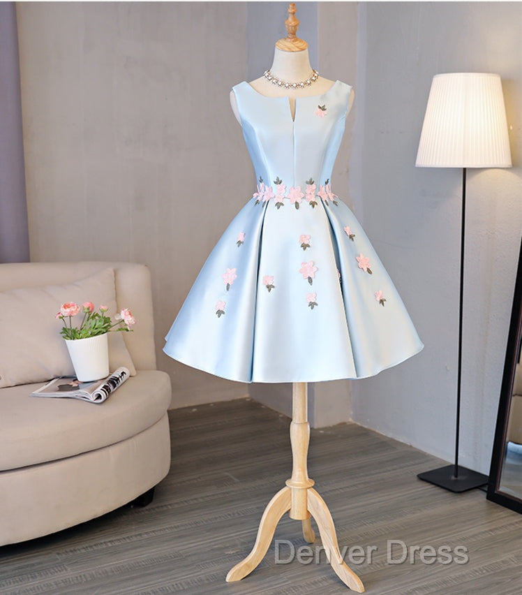 Cute Blue Satin Short Homecoming Dress Prom Dress, Blue Prom Dresses With Flowers