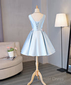Cute Blue Satin Short Homecoming Dress Prom Dress, Blue Prom Dresses With Flowers