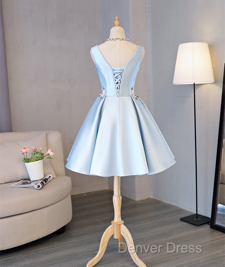 Cute Blue Satin Short Homecoming Dress Prom Dress, Blue Prom Dresses With Flowers