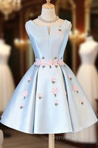 Cute Blue Satin Short Homecoming Dress Prom Dress, Blue Prom Dresses With Flowers