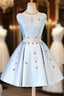 Cute Blue Satin Short Homecoming Dress Prom Dress, Blue Prom Dresses With Flowers