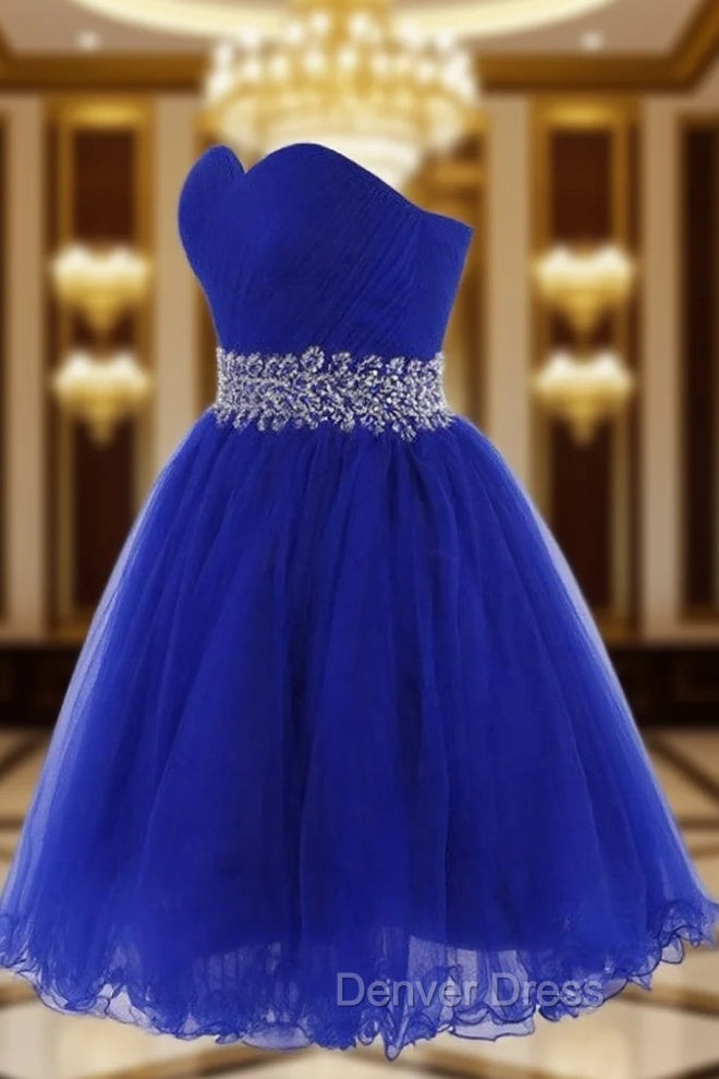 Cute Blue Sweetheart Tulle Cocktail Dresses Homecoming Dresses With Beading, Short Prom Dresses Main image