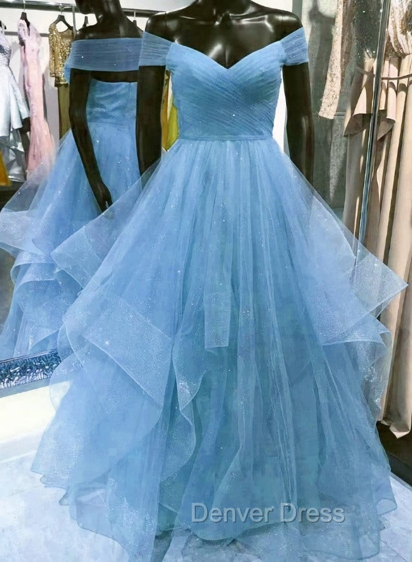 Cute Blue Tulle Sweetheart Layers Long Formal Dresses, Blue Evening Gown Prom Dresses