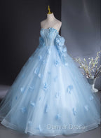 Cute Blue Tulle With Flowers Long Prom Dress, Blue Prom Gowns Sweet 16 Dresses
