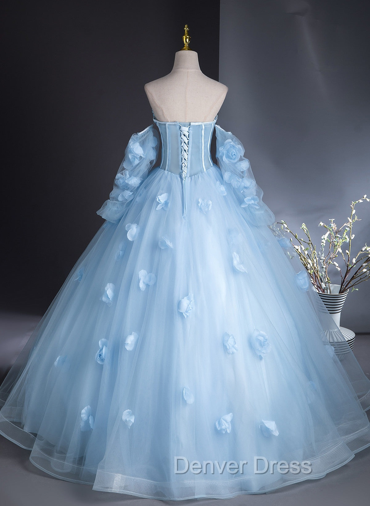 Cute Blue Tulle With Flowers Long Formal Dresses, Blue Evening Gown Sweet 16 Dresses