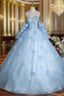 Cute Blue Tulle With Flowers Long Formal Dresses, Blue Evening Gown Sweet 16 Dresses