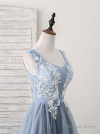 Cute Blue V Neck Tulle Lace Applique Short Prom Dress, Blue Homecoming Dress