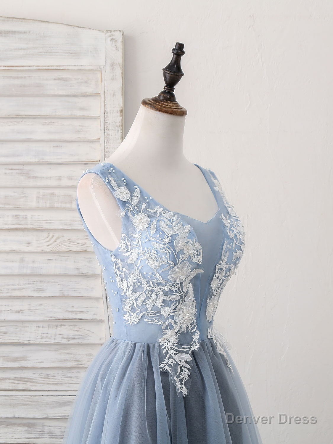Cute Blue V Neck Tulle Lace Applique Short Prom Dress, Blue Homecoming Dress