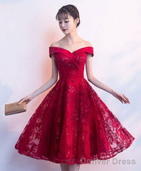 Cute Burgundy Homecoming Dress, Off Shoulder Bridesmaid Dress