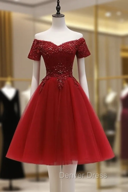 Cute Burgundy Off Shoulder Tulle Party Dresses, Wine Red Homecoming Dresses Secondary image