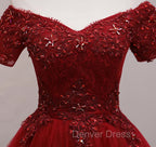 Cute Burgundy Off Shoulder Tulle Prom Dress, Wine Red Homecoming Dresses