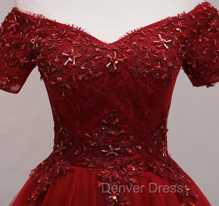 Cute Burgundy Off Shoulder Tulle Prom Dress, Wine Red Homecoming Dresses