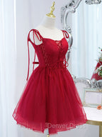 Cute Burgundy Tulle Lace Short Prom Dress, Lace Burgundy Puffy Homecoming Dresses