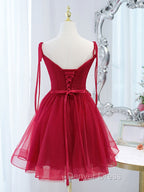 Cute Burgundy Tulle Lace Short Prom Dress, Lace Burgundy Puffy Homecoming Dresses