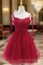 Cute Burgundy Tulle Lace Short Prom Dresses, Lace Burgundy Puffy Homecoming Dresses