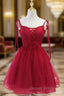 Cute Burgundy Tulle Lace Short Prom Dress, Lace Burgundy Puffy Homecoming Dresses
