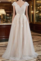 Cute Cap Sleeve V Neck Lace Tulle Wedding Dresses