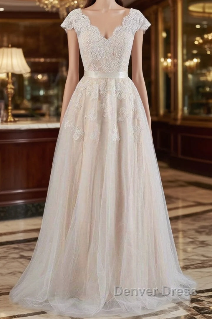 Cute Cap Sleeve V Neck Lace Tulle Wedding Dresses