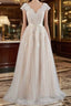 Cute Cap Sleeve V Neck Lace Tulle Wedding Dresses